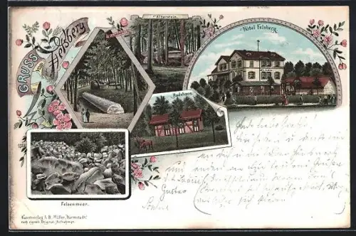 Lithographie Lautertal / Odenwald, Felsberg, Badehaus, Hotel Felsberg, Felsenmeer, Riesensäule