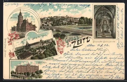 Lithographie Zeitz, Schloss Moritzburg, Stadtschule, Neue Post