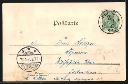 Lithographie Zeitz, Schloss Moritzburg, Stadtschule, Neue Post