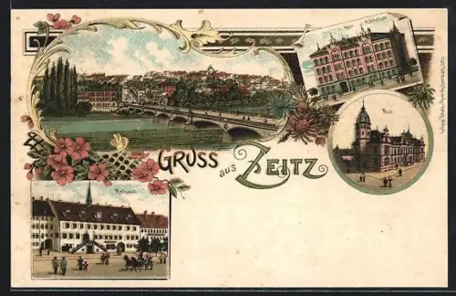 Lithographie Zeitz, Rathaus, Neue Mittelschule, Post und Ortsansicht mit Brücke