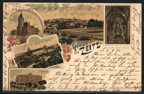 Lithographie Zeitz, Schloss Moritzburg, Stadtschule, Neue Post