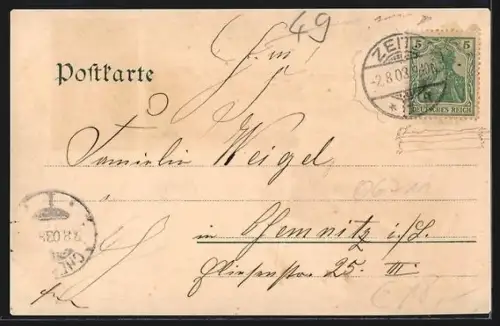 Lithographie Zeitz, Schloss Moritzburg, Stadtschule, Neue Post