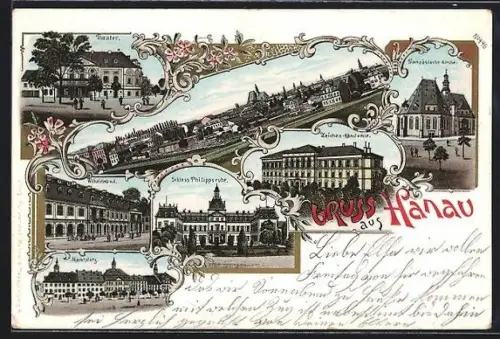 Lithographie Hanau, Wilhelmsbad, Franzhösische Kirche, Zeichen-Acadamie, Theater, Marktplatz, Gesamtansicht