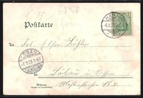 Lithographie Hanau, Wilhelmsbad, Franzhösische Kirche, Zeichen-Acadamie, Theater, Marktplatz, Gesamtansicht