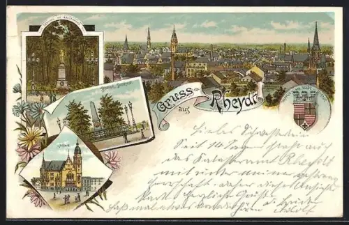 Lithographie Rheydt, Bismarck-Denkmal, Denkmal im Kaiserpark, Rathaus und Gesamtansicht, Wappen der Stadt
