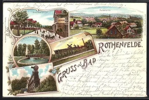 Lithographie Bad Rothenfelde, Ortsansicht, neues Gradirwerk, Partie im Kurgarten und Osnabrücker Strasse