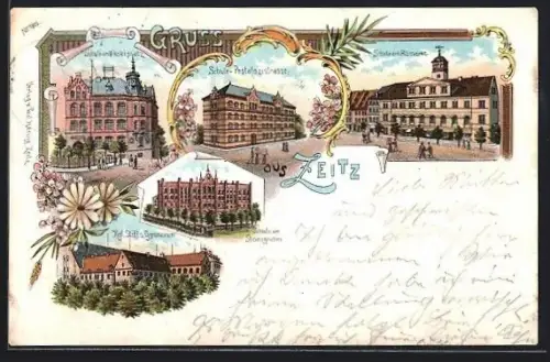 Lithographie Zeitz, Kgl. Stifts-Gymnasium, Schule am Altmarkt, Schule Pestalozzistrasse, Schule im Steinsgraben