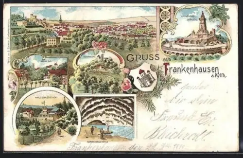 Lithographie Frankenhausen a. Kyffh., Gesamtansicht, Waldschlösschen, Rothenburg & Barbarossahöhle