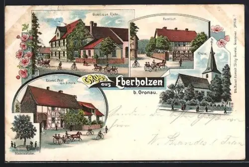 Lithographie Eberholzen b. Gronau, Gasthaus Rieks, Kaiserliche Post mit Schule, Forsthof und Kirche