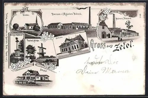 Lithographie Zetel, Weberei Janssen u. Reinder, Bahnhof, Meinens Weberei, Theilens Mühle