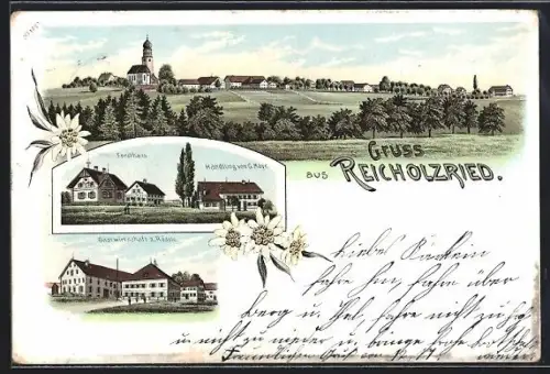 Lithographie Reicholzried, Gasthaus z. Rössle, Handlung von G. Mayr, Forsthaus, Ortsansicht mit Kirche