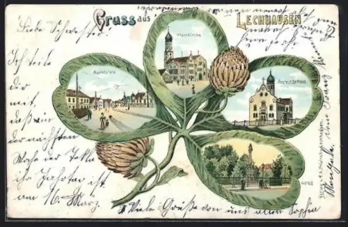 Passepartout-Lithographie Lechhausen, Marktplatz, Pfarrkirche und Denkmal im Kleeblatt