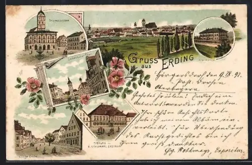 Lithographie Erding, Ortsansicht, Lange Zeile, Bezirksamt, Schrannenplatz