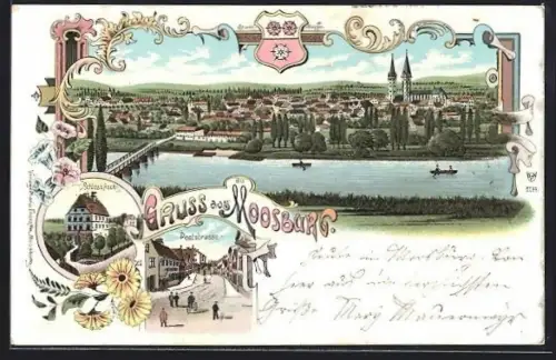 Lithographie Moosburg, Schloss Asch, Poststrasse und Panoramablick auf die Stadt, Wappen