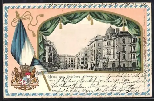 Passepartout-Lithographie Augsburg, Bismarckstrasse hinter einem Vorhang, Fahne, Wappen