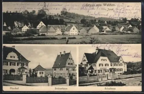AK Welden, Pfarrhof, Doktorhaus und Schulhaus, Ortsansicht aus der Vogelschau