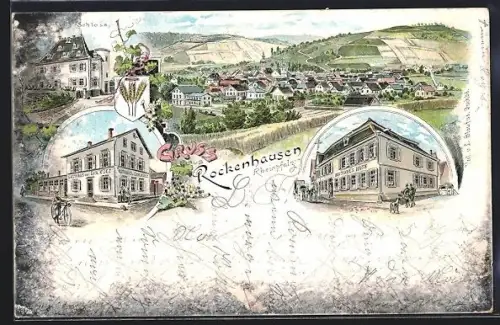 Lithographie Rockenhausen, Gasthaus von Chr. Külz, Hotel Deutsches Haus, Schloss und Gesamtansicht