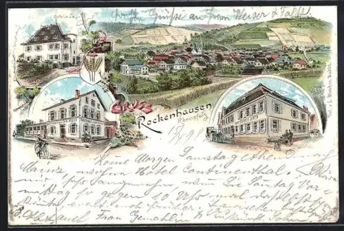 Lithographie Rockenhausen, Hotel Deutsches Haus, Gasthof von Chr. Külz, Schloss und Ortsansicht