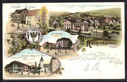 Lithographie Rockenhausen /Pfalz, Marktplatz mit Kriegerdenkmal u. Gasthaus v. Karl Dietz, Pfarrhaus und Ortsansicht