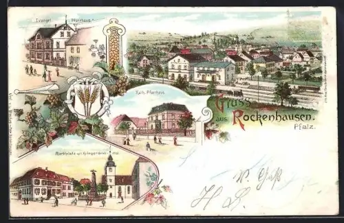 Lithographie Rockenhausen, Marktplatz mit Kriegerdenkmal, Pfarrhaus und Ortsansicht