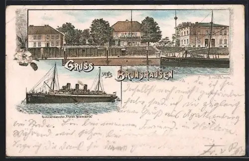 Lithographie Brunshausen, Hafenanlage, Schnelldampfer Fürst Bismarck