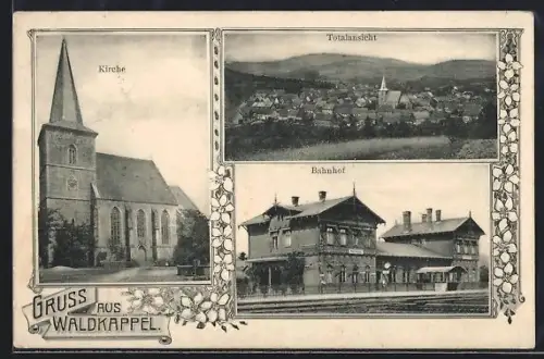 AK Waldkappel, Bahnhof, Kirche und Totalansicht