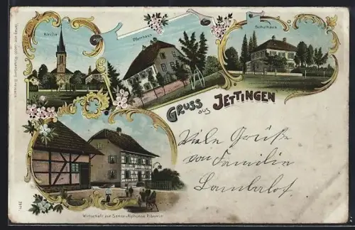 Lithographie Jettingen, Gasthaus zur Sonne v. Alphonse Ribstein, Kirche, Pfarrhaus, Schulhaus