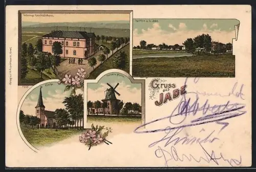 Lithographie Jade, Grönings Geschäftshaus, Harders Mühle, Kirche und Partie an der Jade