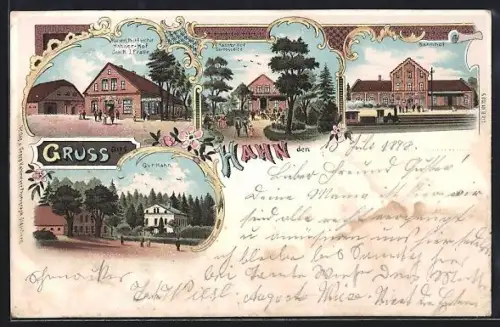 Lithographie Hahn / Oldenburg, Bahnhof, Hahn`er Hof, Kaiserl. Post-Agentur