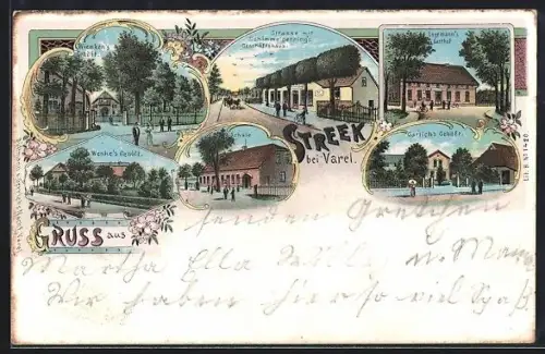 Lithographie Streek / Varel, Logemann`s Gasthof, Strassenpartie mit Schimmelpennig`s Geschäftshaus, Wenke`s Gehöft
