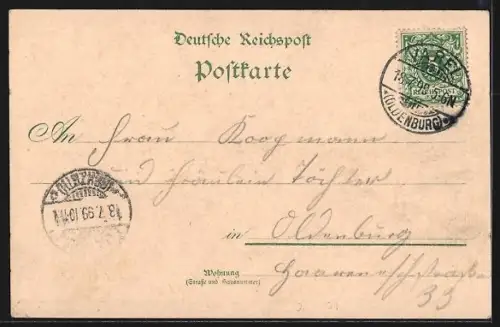 Lithographie Streek / Varel, Logemann`s Gasthof, Strassenpartie mit Schimmelpennig`s Geschäftshaus, Wenke`s Gehöft