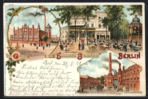Lithographie Berlin-Kreuzberg, Happoldt`s Brauerei, Lager-Kellerei, Brauereihof, Ausschank