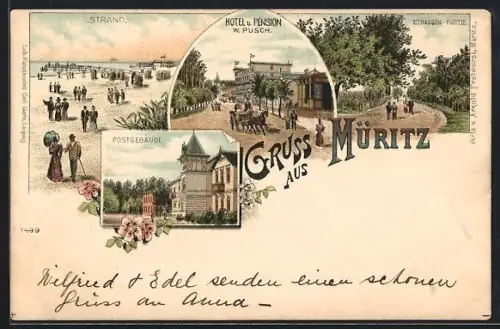 Lithographie Müritz, Hotel und Pension W. Pusch, Postgebäude, Strand und Strassenpartie