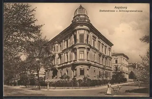AK Augsburg, Stettenstrasse u. Schiessgrabenstrasse mit Turm-Eckgebäude