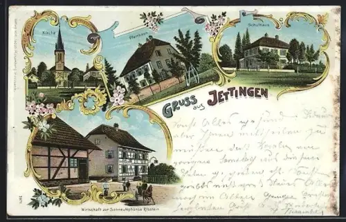 Lithographie Jettingen, Gasthaus zur Sonne v. Alphonse Ribstein, Kirche, Pfarrhaus, Schulhaus