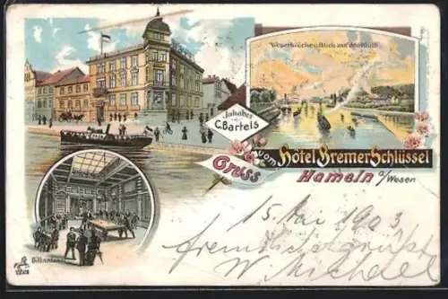 Lithographie Hameln, Hotel Bremer Schlüssel, Inh. C. Bartels, Billardsaal, Weserbrücke & Blick auf den Klüth