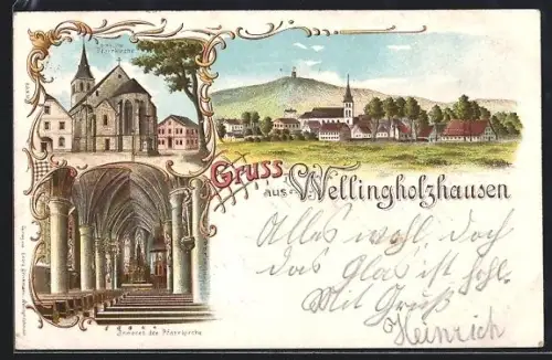 Lithographie Wellingholzhausen, Pfarrkirche und Ortsansicht