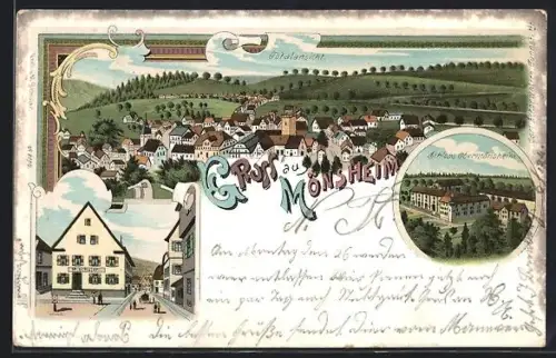 Lithographie Mönsheim, Schloss Obermönsheim, Gasthof M. Schuler, Totalansicht