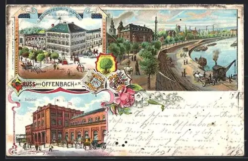 Lithographie Offenbach a. M., Kaiser Friedrich Hotel, Bes. R. Hartmann, Bahnhof und Partie am Main