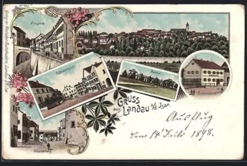 Lithographie Landau a. d. Isar, Schusterberg, Schranenplatz, Bahnhof und Buchdruckerei, Ortsansicht