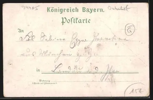 Lithographie Landau a. d. Isar, Schusterberg, Schranenplatz, Bahnhof und Buchdruckerei, Ortsansicht