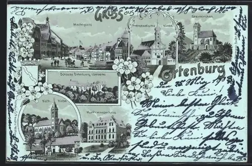 Mondschein-Lithographie Ortenburg, Marktplatz, Schloss Ortenburg, Kirche und Konfirmandenhaus