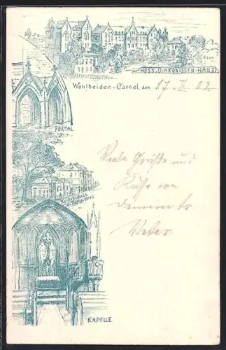 Lithographie Welheiden-Cassel, Hess. Diakonissen-Haus, Kapelle, Portal, Kinderschule