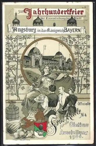Lithographie Augsburg, Obstbau Ausstellung 1906, Wappen, Personen mit Obst