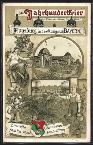 Lithographie Augsburg, Gartenbau-Ausstellung 1906, Gärtner mit Giesskanne