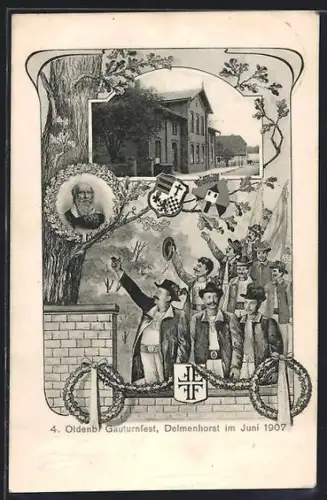 AK Delmenhorst, 4. Oldeb. Gauturnfest 1907, Turner Ehren den Turnvater