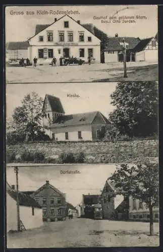 AK Klein-Rodensleben, Gasthof zum goldenen Stern, Dorfstrasse, Kirche