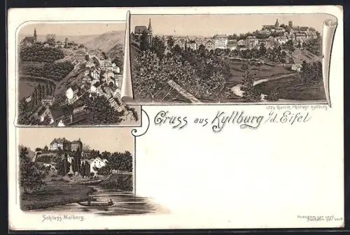 Lithographie Kyllburg i. d. Eifel, Schloss Malberg, Blick auf den Ort