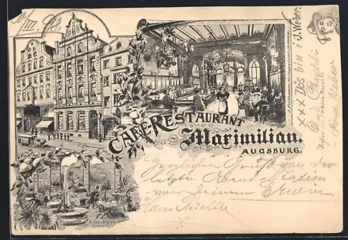 Lithographie Augsburg, Cafe Restaurant Maximilian, Pferdebahn