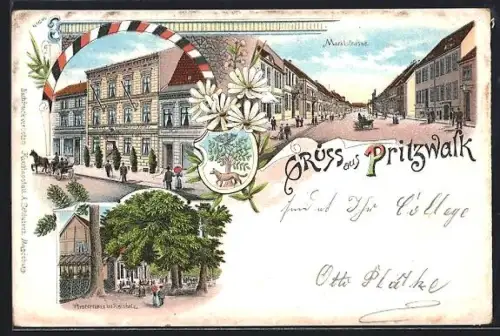 Lithographie Pritzwalk, Hotel zum Schwarzen Adler, Försterhaus im Hainholz, Wappen, Marktstrasse